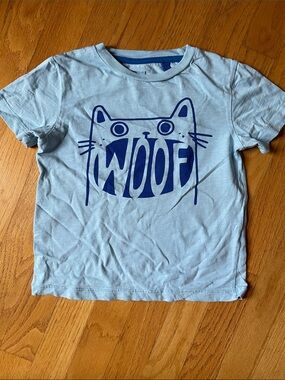 Mini Boden Light Blue Tee with Navy 'WOOF' Cat Graphic
